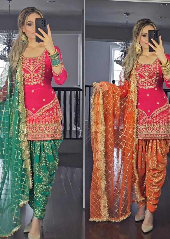 ATTRACTIVE WEDDING RECEPTION WEAR GEORGETTE TOP , DHOTI AND DUPATTA